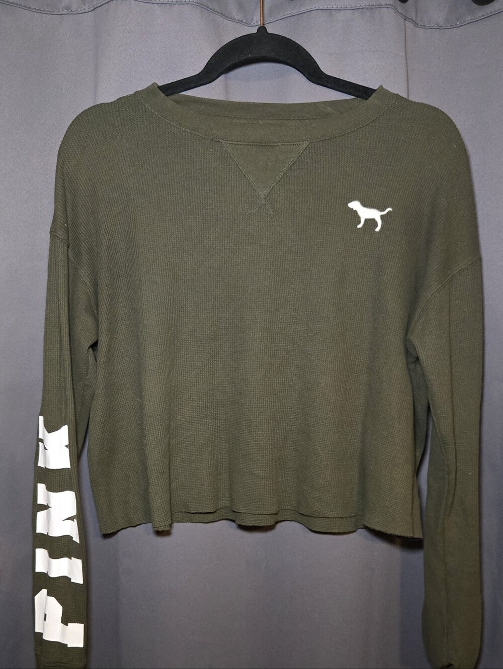 PINK Victoria's Secret Olive Green Cropped Thermal Sweater with White Dog Logo